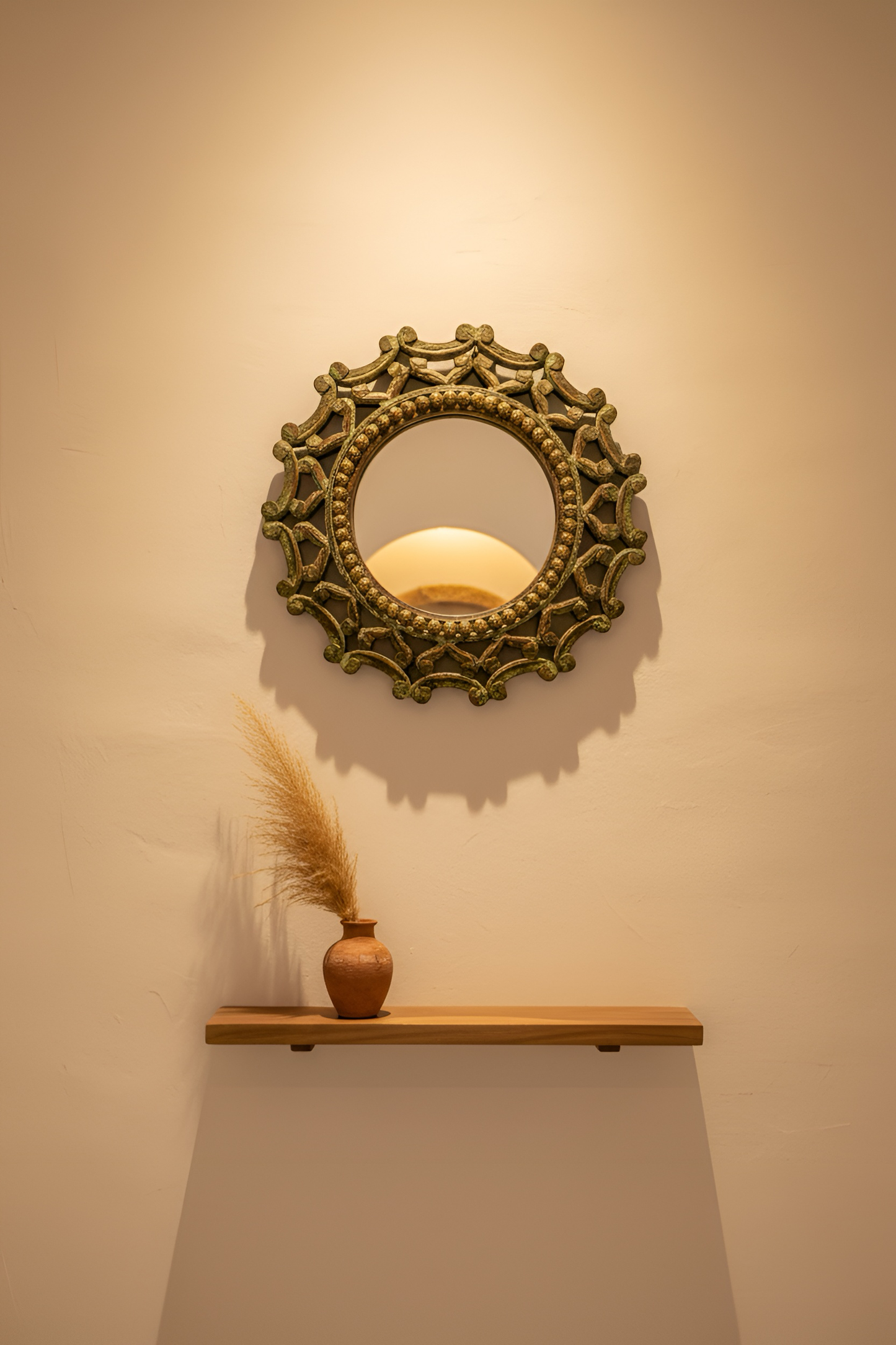 Round Carved Wood Wall Mirror
