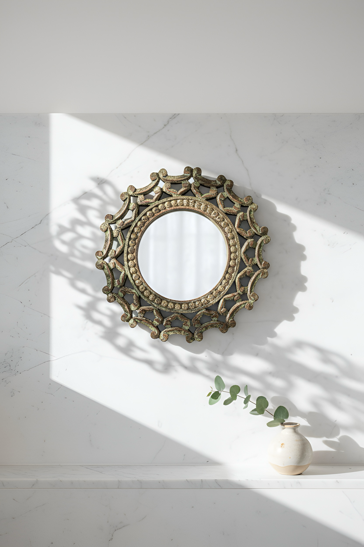 Round Carved Wood Wall Mirror