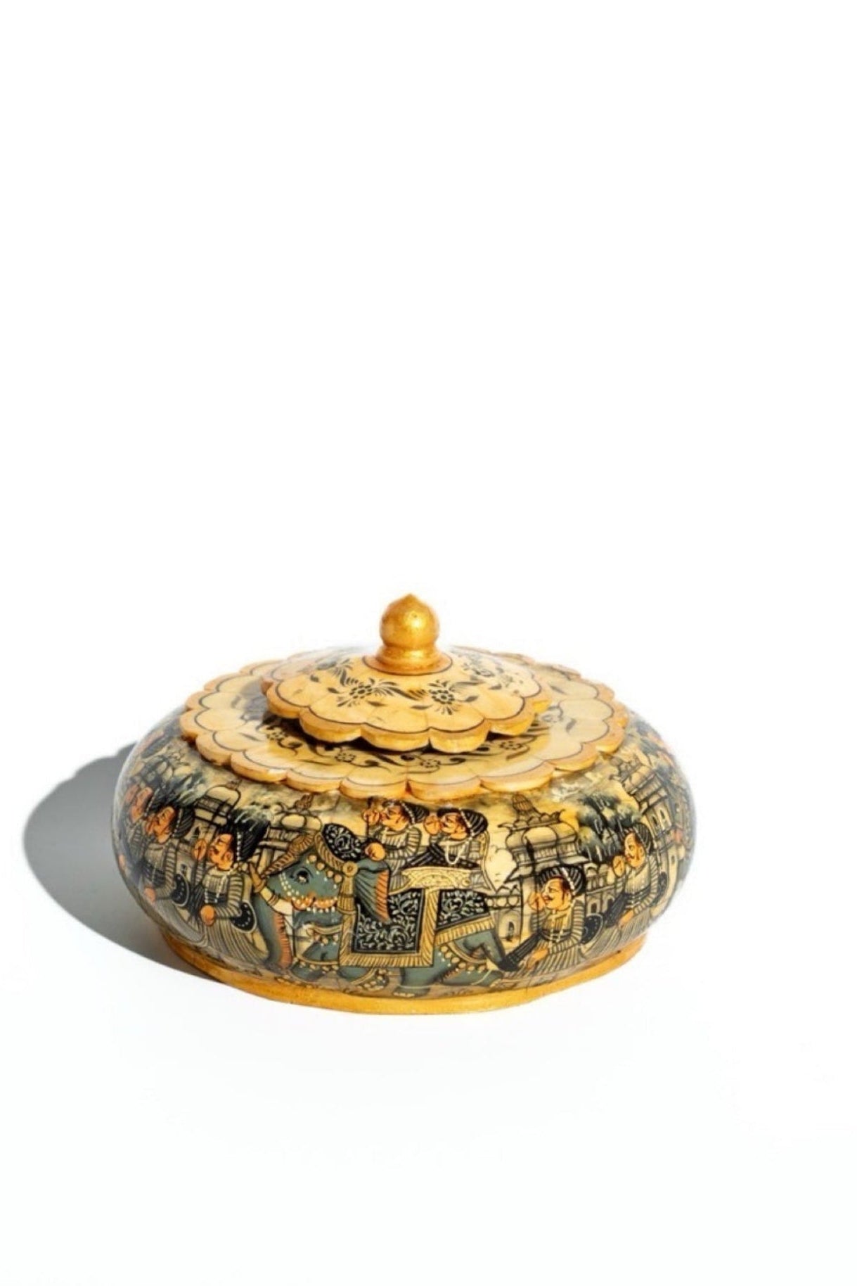 Decorative hand painted bone jar with lid on a white background