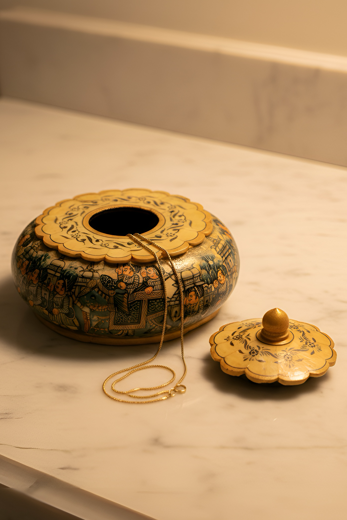 Decorative box with intricate designs on a marble surface